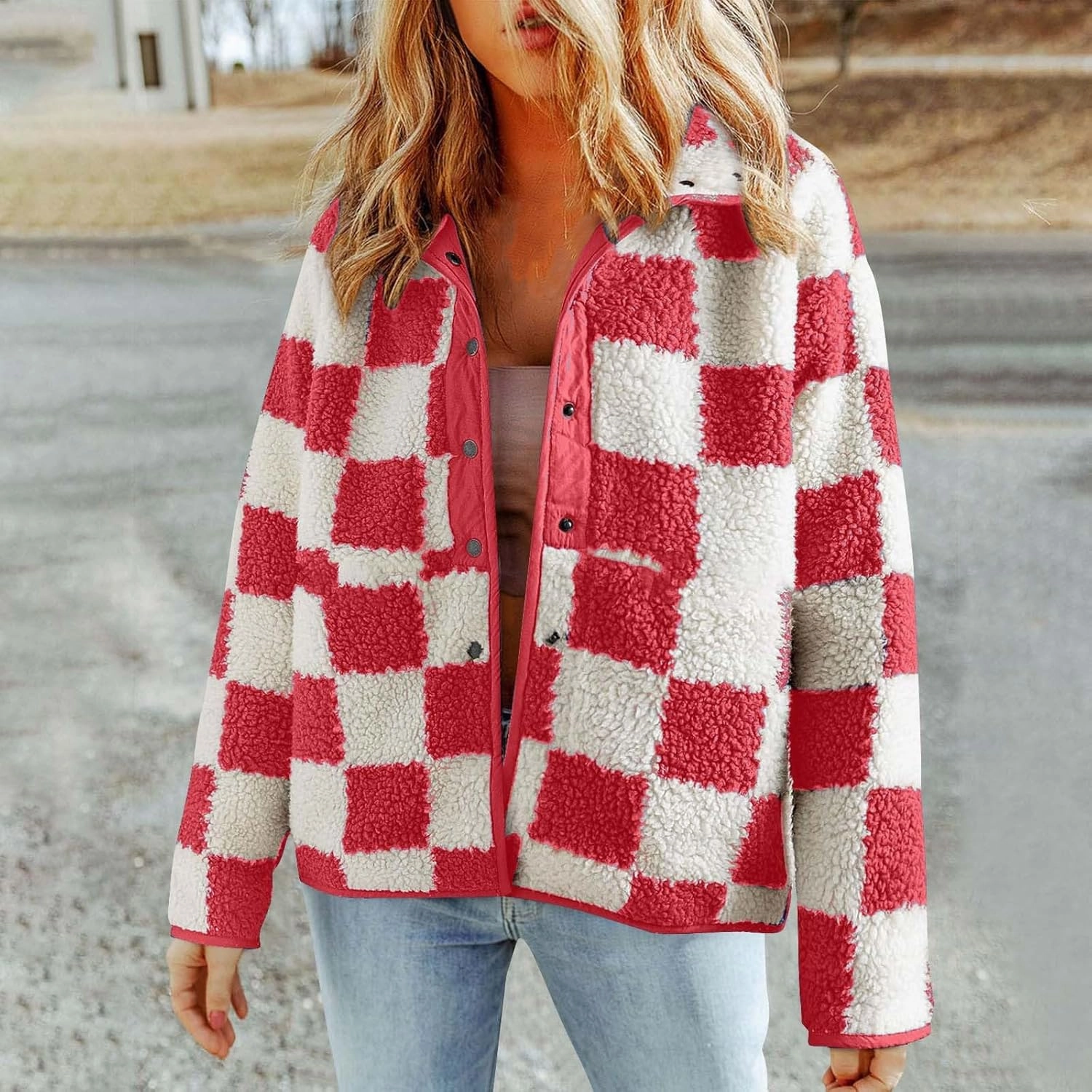 Womens Fleece Jackets Fashion 2024 Plaid Button Down Sherpa Teddy Coat Causal Fall Winter Fuzzy Coats Outwear