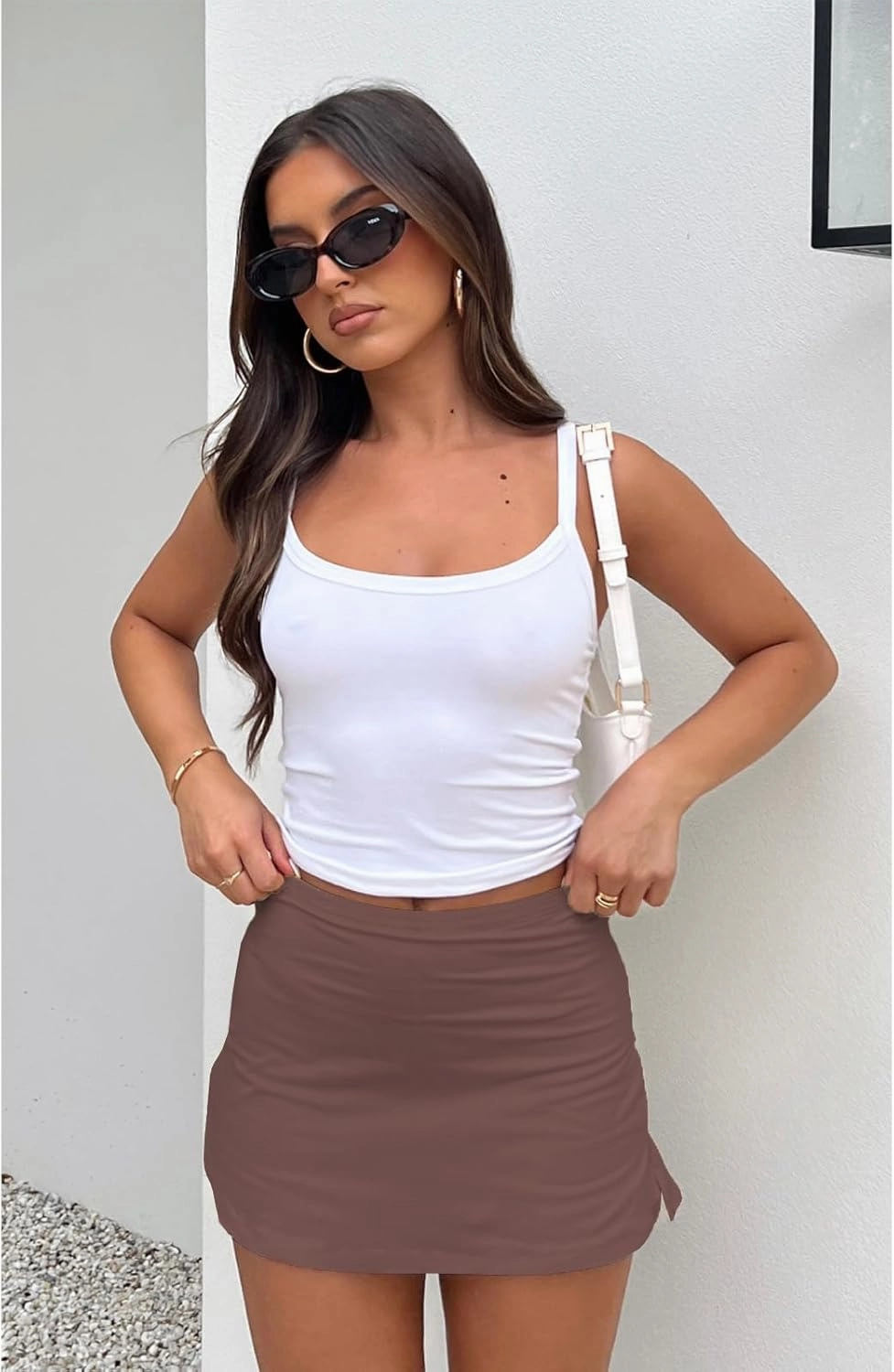 Womens Mini Skort, Mid Waist Sexy Side Split Hem Summer Y2k Bodycon Mini Skirt with Shorts