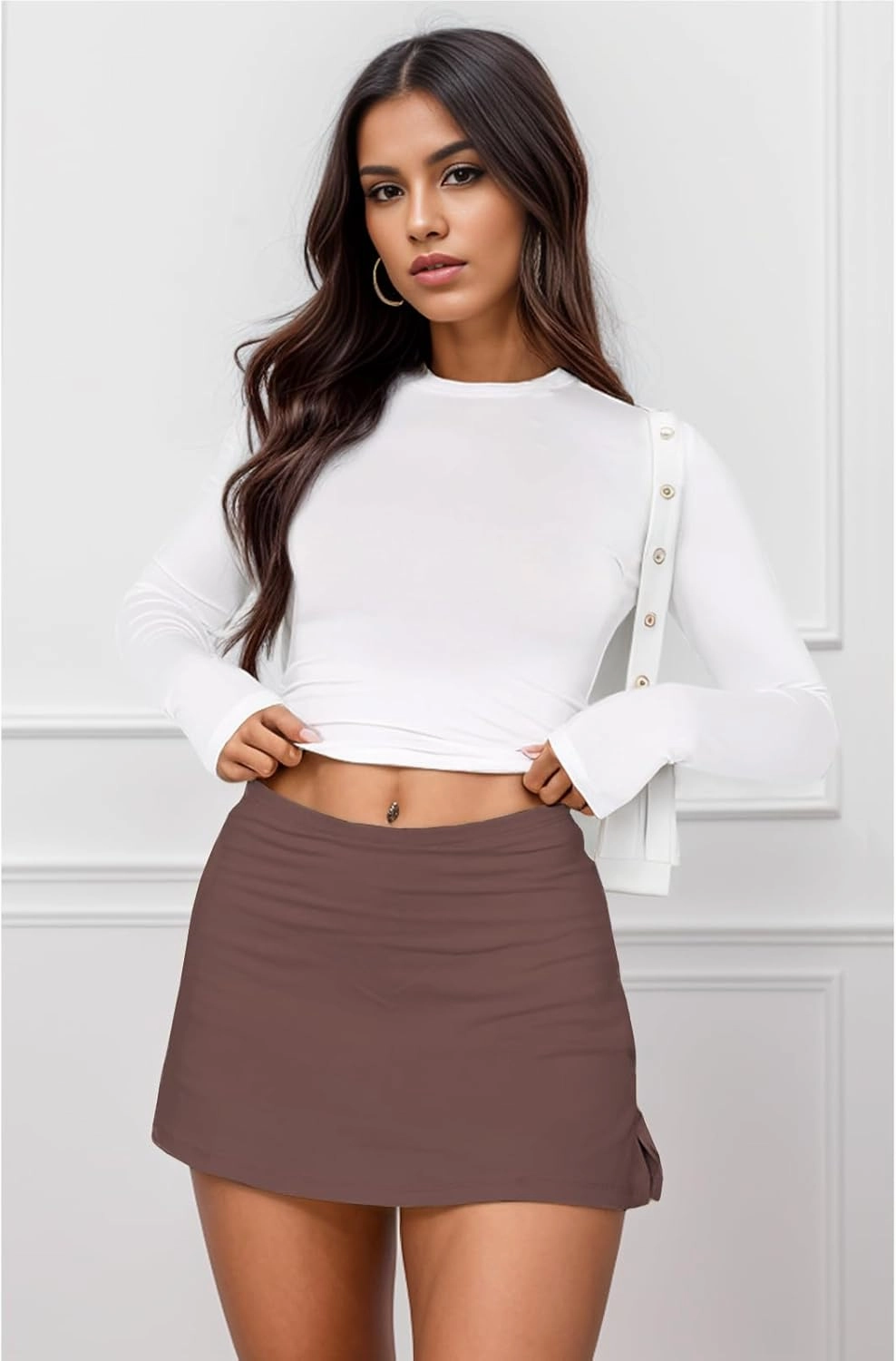 Womens Mini Skort, Mid Waist Sexy Side Split Hem Summer Y2k Bodycon Mini Skirt with Shorts