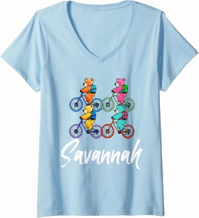 Womens Savannah Cute Teddy Bears And Bikes Bicycle Design V-Neck T-Shirt