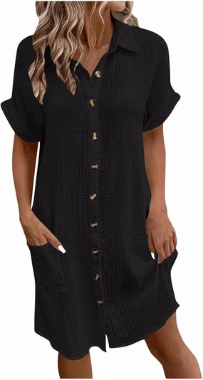 Womens Summer Dresses Casual Roll Up Short Sleeve Knee Length Cotton Linen Button Down Tunic Shirt Dress with Pockets
