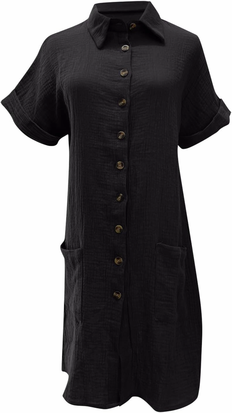 Womens Summer Dresses Casual Roll Up Short Sleeve Knee Length Cotton Linen Button Down Tunic Shirt Dress with Pockets