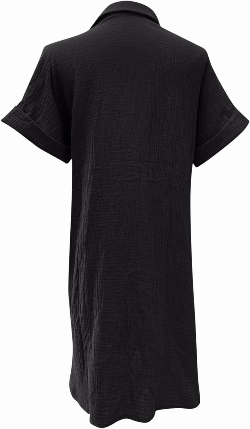 Womens Summer Dresses Casual Roll Up Short Sleeve Knee Length Cotton Linen Button Down Tunic Shirt Dress with Pockets
