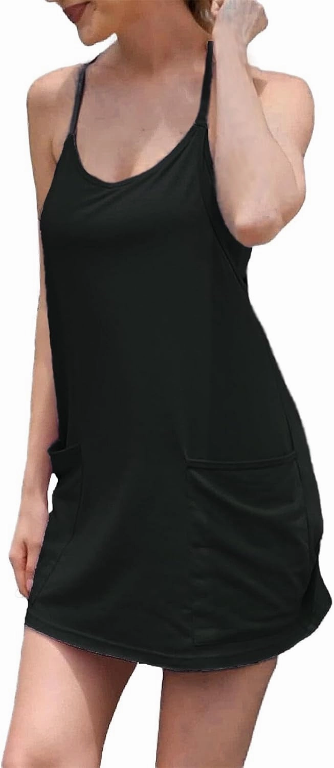 Womens Workout Romper Dress with Shorts Underneath Sleeveless Spaghetti Straps Athletic Outfits Casual Vacation