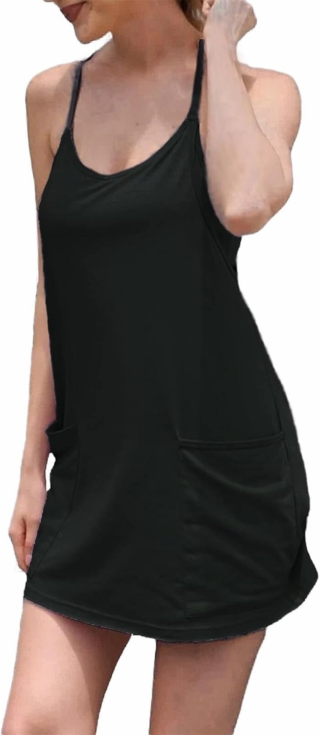 Womens Workout Romper Dress with Shorts Underneath Sleeveless Spaghetti Straps Athletic Outfits Casual Vacation
