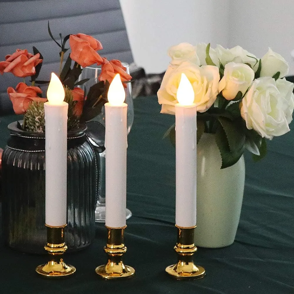 Wondise White Flameless Flickering Taper Candles - Battery Operated with Remote & Timer, Gold Holders, Suction Cups, Christmas Window Decoration (9", Set of 8)