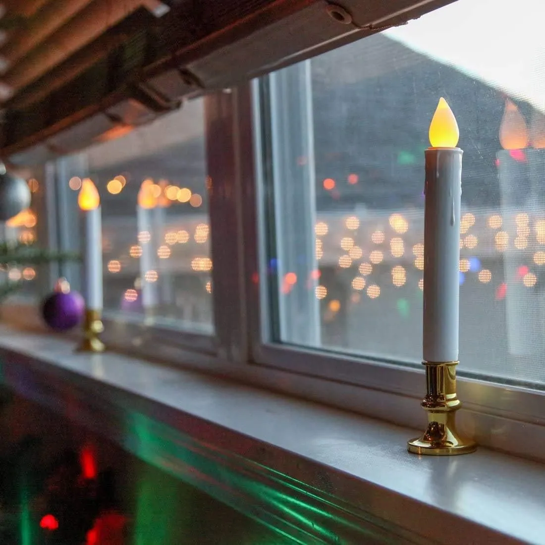 Wondise White Flameless Flickering Taper Candles - Battery Operated with Remote & Timer, Gold Holders, Suction Cups, Christmas Window Decoration (9", Set of 8)
