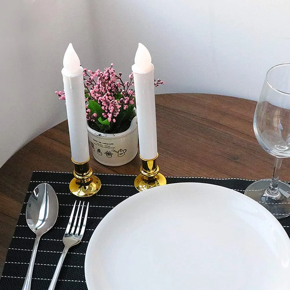 Wondise White Flameless Flickering Taper Candles - Battery Operated with Remote & Timer, Gold Holders, Suction Cups, Christmas Window Decoration (9", Set of 8)