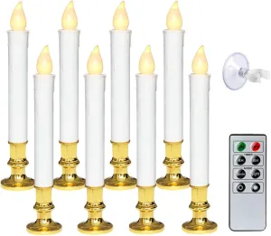 Wondise White Flameless Flickering Taper Candles - Battery Operated with Remote & Timer, Gold Holders, Suction Cups, Christmas Window Decoration (9", Set of 8)