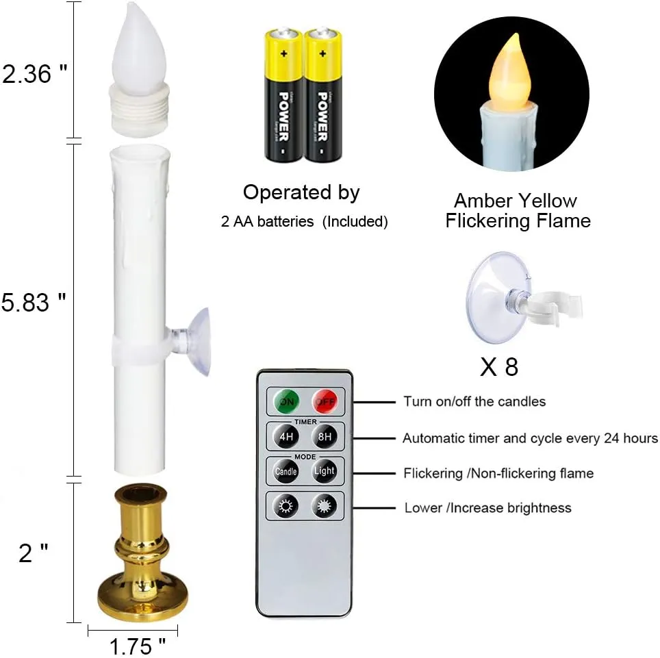 Wondise White Flameless Flickering Taper Candles - Battery Operated with Remote & Timer, Gold Holders, Suction Cups, Christmas Window Decoration (9", Set of 8)