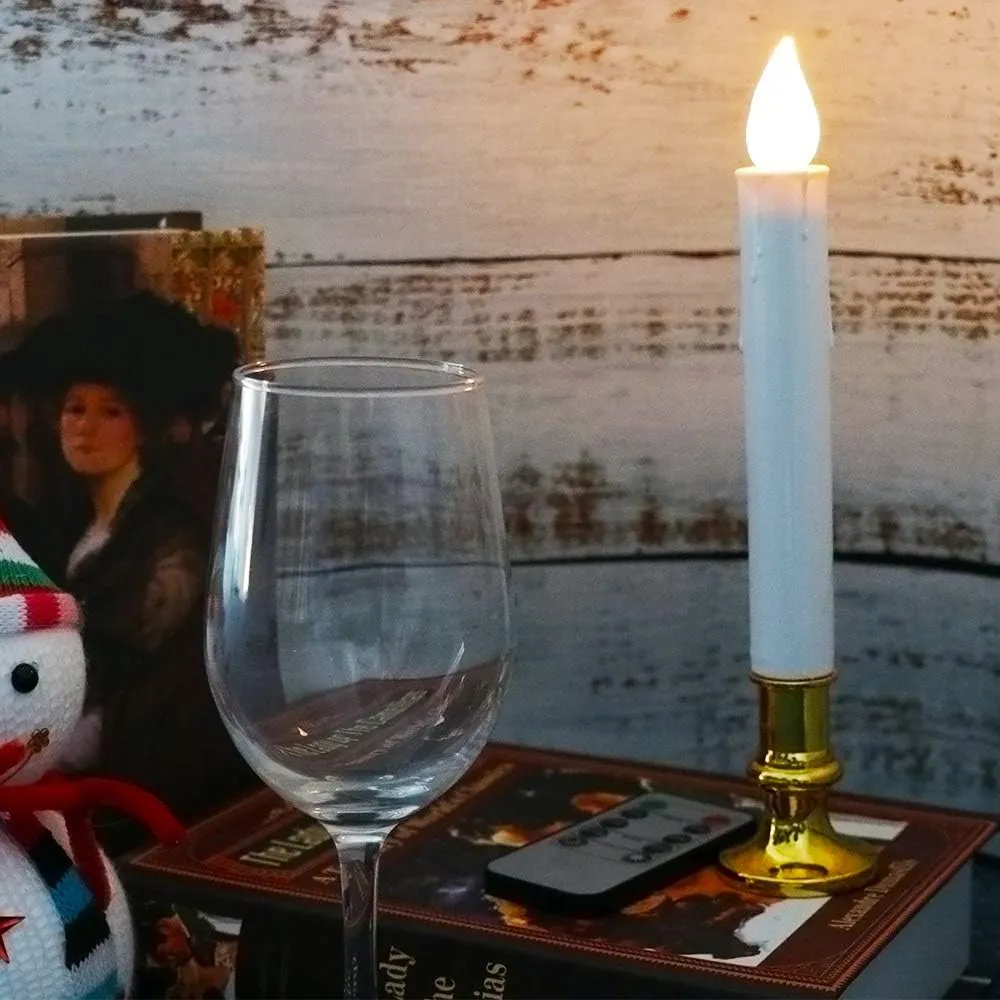 Wondise White Flameless Flickering Taper Candles - Battery Operated with Remote & Timer, Gold Holders, Suction Cups, Christmas Window Decoration (9", Set of 8)