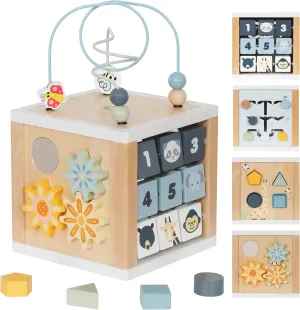 Wooden Activity Cube, 6-in-1 Montessori Toys for 1  Year Old Boys & Girls, Educational Learning Toys for 1 2 3 Year Old Baby|Bead Maze|Shape Sorter|Mirror|Gear