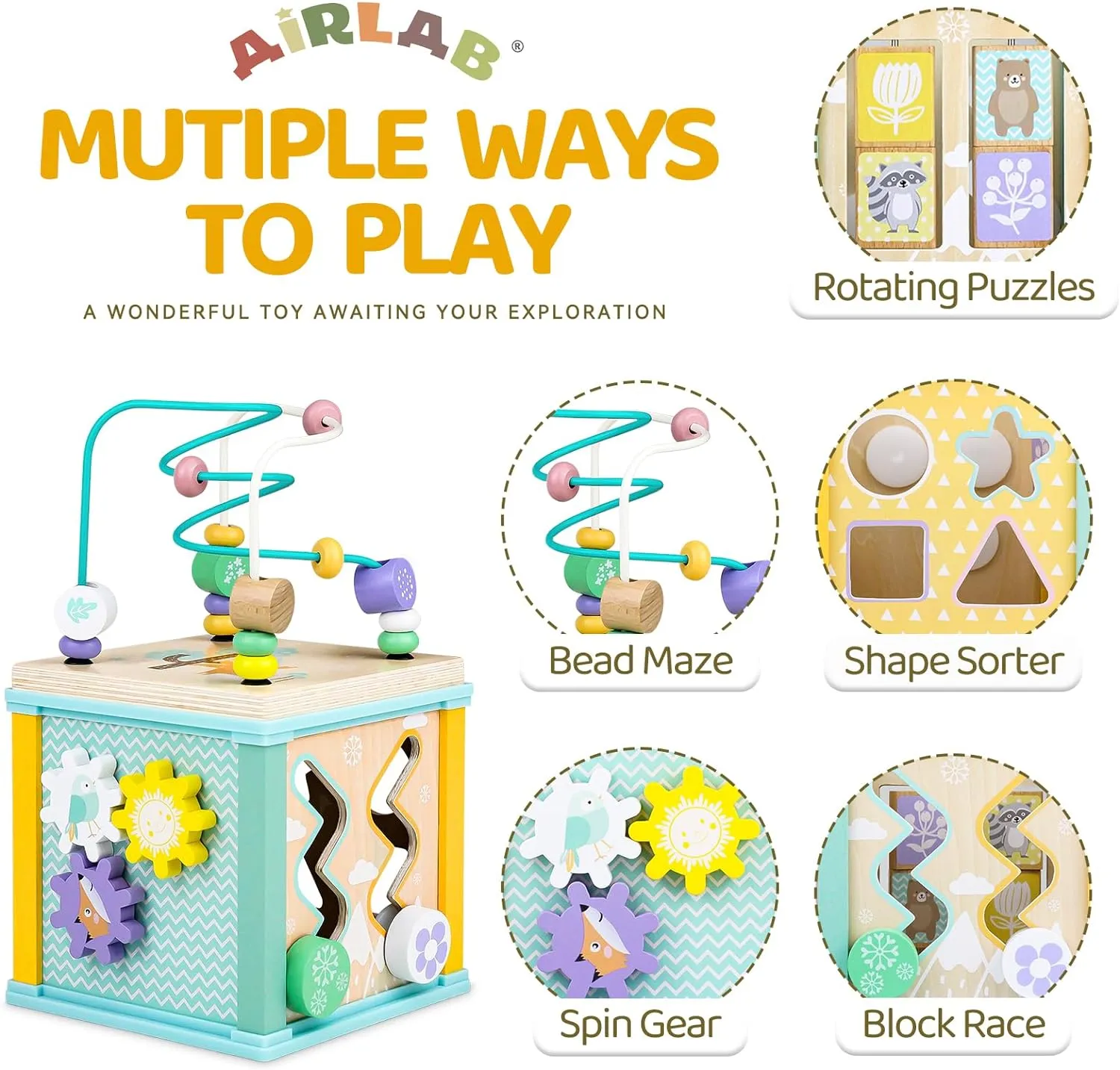 Wooden Activity Cube Montessori Toys for 1 2 3 Year Old Baby Toys 12 Months Toddlers 1-3 Birthday Gift Boys Girls Sensory Interactive Learning Toys