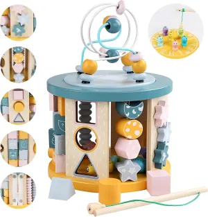 Wooden Activity Cube Toy - 11-in-1 Montessori Toys for Toddler Baby Age 3, Multipurpose Sensory Activity Center with Bead Maze, Shape Sorter, Fishing, Educational Learning Game Birthday Gift