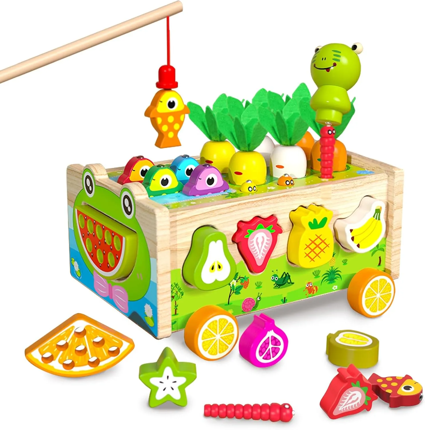 Wooden Frog Montessori Toys for Toddlers 1 2 3 Years Old, Magnetic Fishing Game Shape Sorter Carrot Harvest Learning Educational Fine Motor Skills for Boys Girls 1-3 2-4