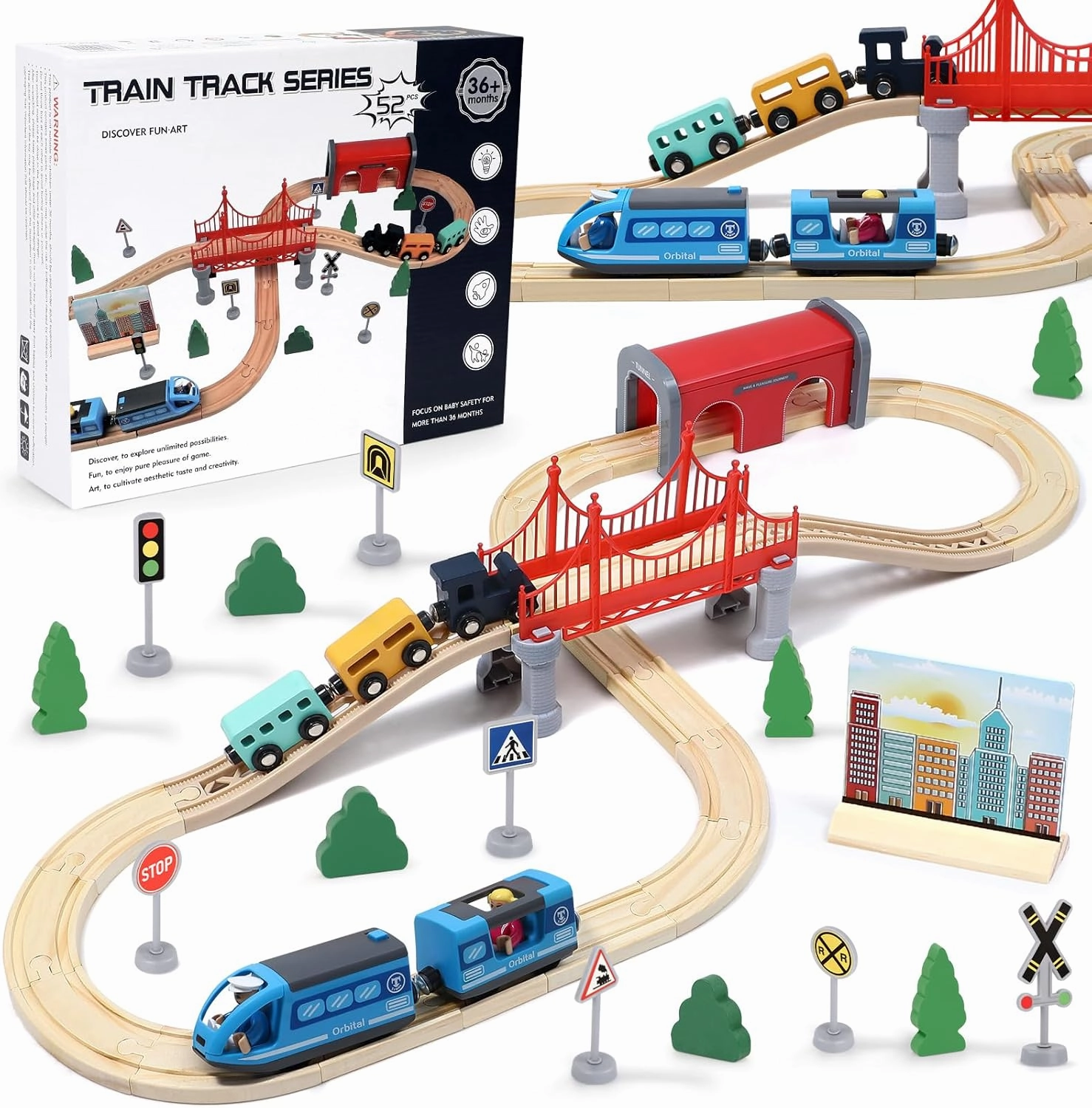 Wooden Train Set for Toddlers 3-5, 52 Pcs Train Tracks Toys with Electric Trains & Tunnel & Viaduct, Fits Major Brand Toys Christmas Birthday Gift for Boys & Girls 3 4 5 6