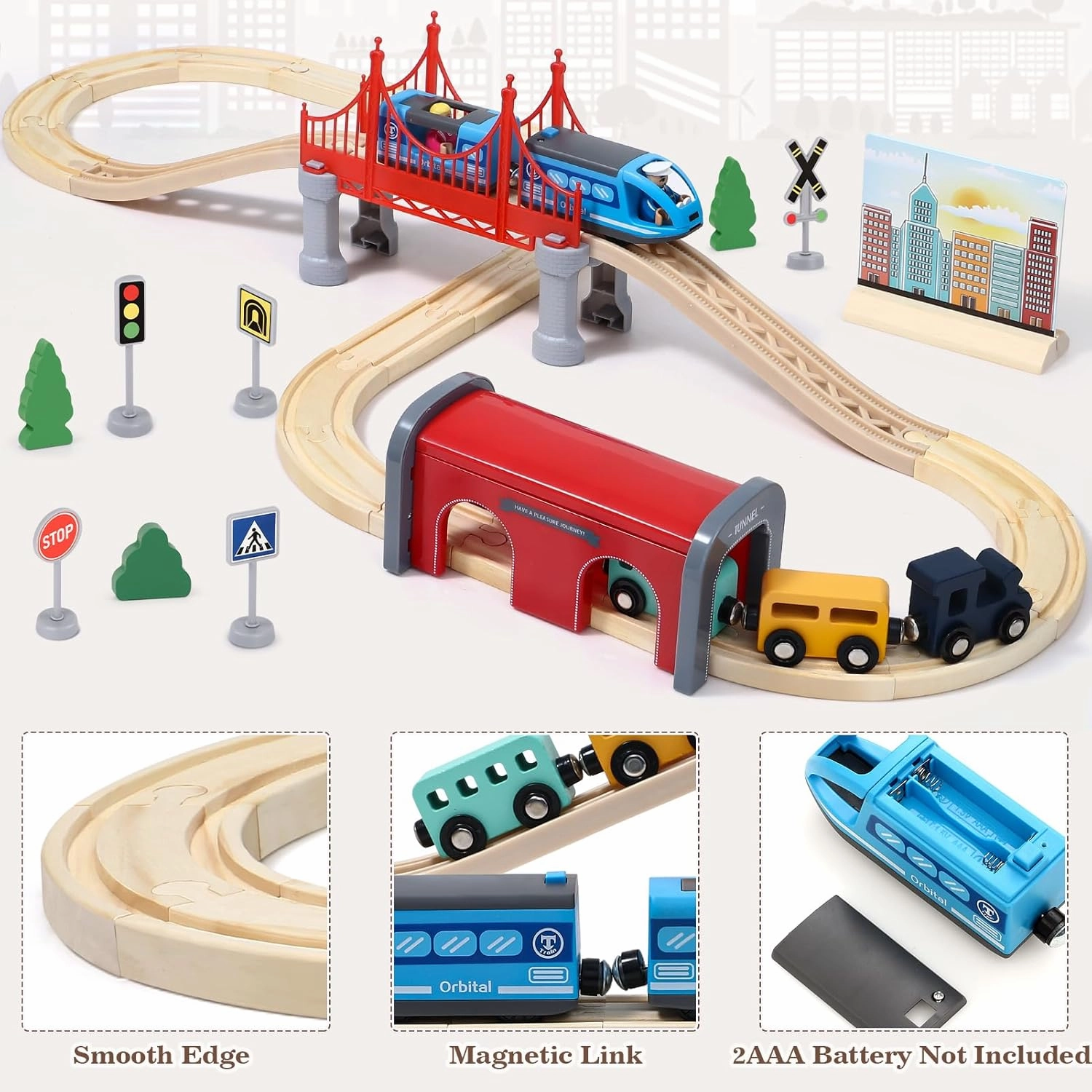 Wooden Train Set for Toddlers 3-5, 52 Pcs Train Tracks Toys with Electric Trains & Tunnel & Viaduct, Fits Major Brand Toys Christmas Birthday Gift for Boys & Girls 3 4 5 6
