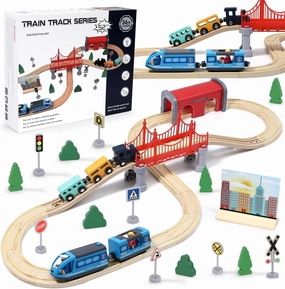 Wooden Train Set for Toddlers 3-5, 52 Pcs Train Tracks Toys with Electric Trains & Tunnel & Viaduct, Fits Major Brand Toys Christmas Birthday Gift for Boys & Girls 3 4 5 6
