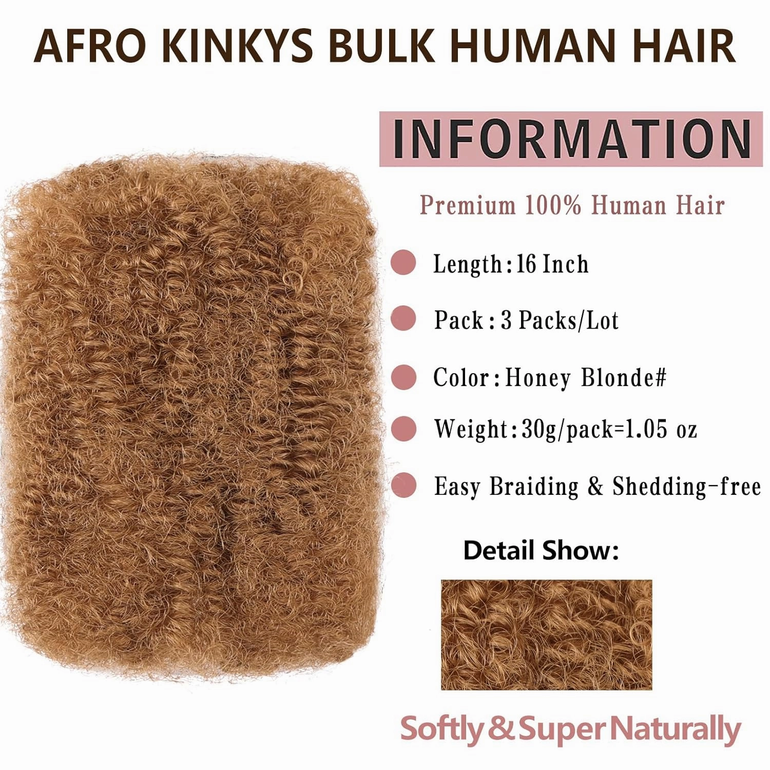 Xtrend 16 Inch 3Bundles90Gram Honey Blonde Afro Kinkys Bulk Human Hair For Dreadlocks, Loc Repair, Dreadlocks Extensions Mini Braiding Twists Afro Kinky Human Hair For Micro Twist Braiding Kinky Hair