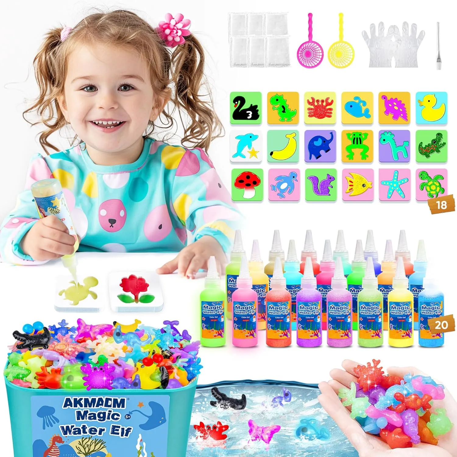 YHRK Magic Water Elf Toy Kit - 20 Colors Water Gel Kit for Kids - 60ml Water Elf Set with 18 Shape Molds - Handmade Water Toy - Creative Magic Aqua Toys - Children's DIY Aqua Marine Life(20 Colors)