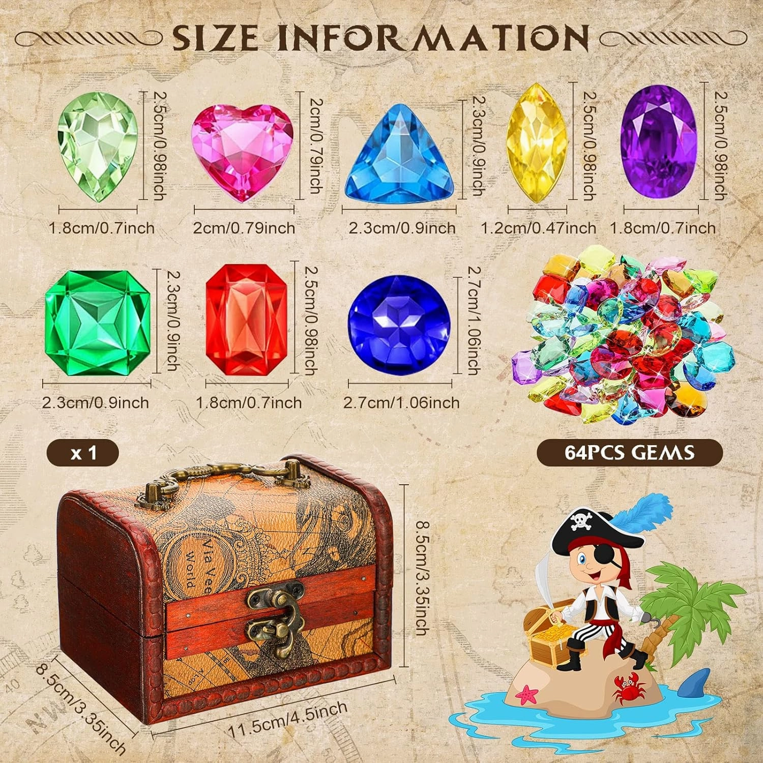 Yookeer 88 Pcs Pirate Treasure Chest for Kids, Antique Color Big Treasure Chest Box, Hunt Map, Gold Coins, Necklaces, Gems for Pirate Themed Party Favors(Map Style)