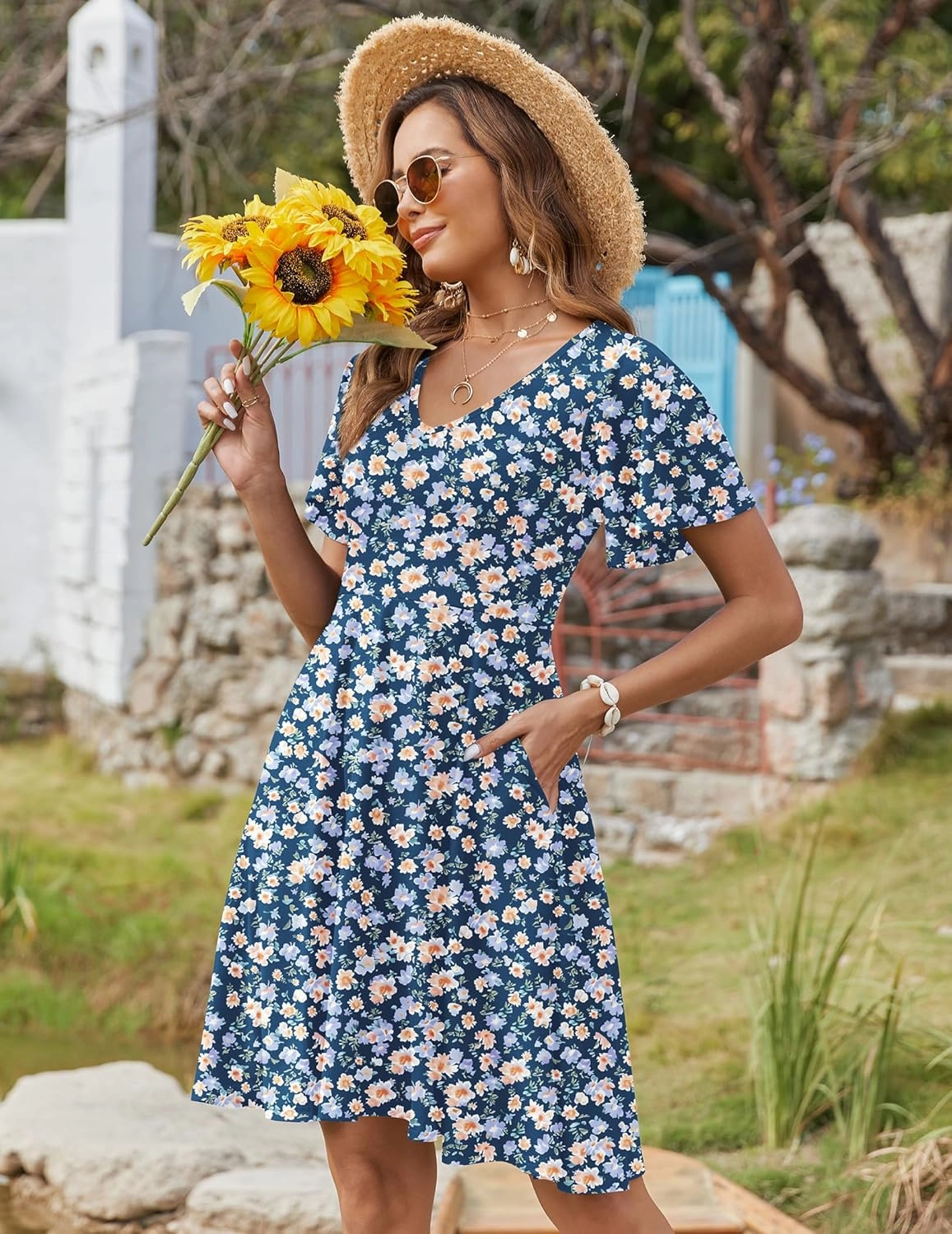 Zeagoo Womens Summer Dress Casual Swing Floral Ruffle Short Sleeve Sundresses Beach Mini A-line Shift Dress 2025 with Pockets