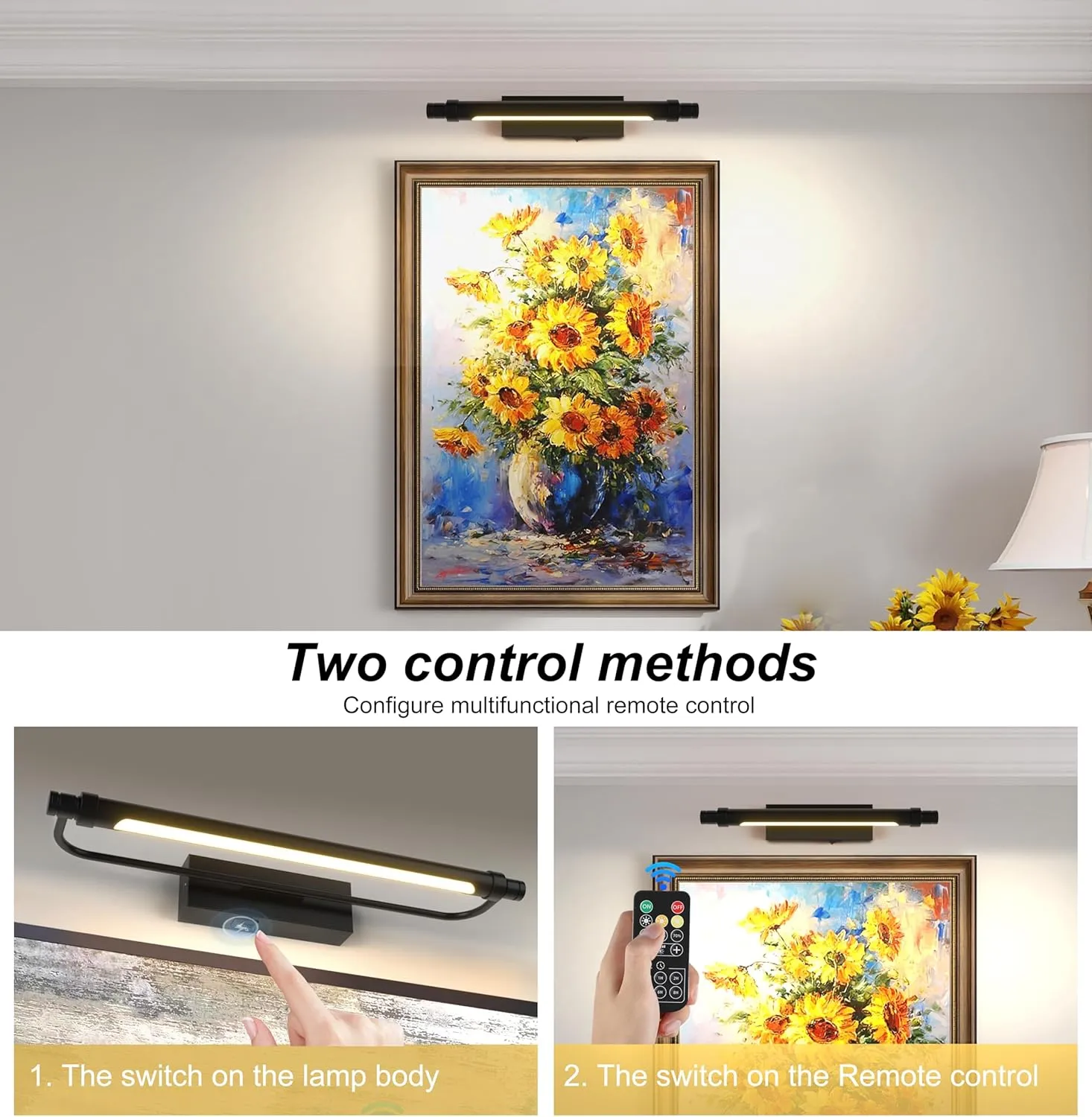 ZitoStory Battery Operated Picture Light with Remote,Wireless Dimmable Art Lights for Paintings Rechargeable Gallery Light Artwork Lighting for Canvas, Portrait (Black,16'' Inch)