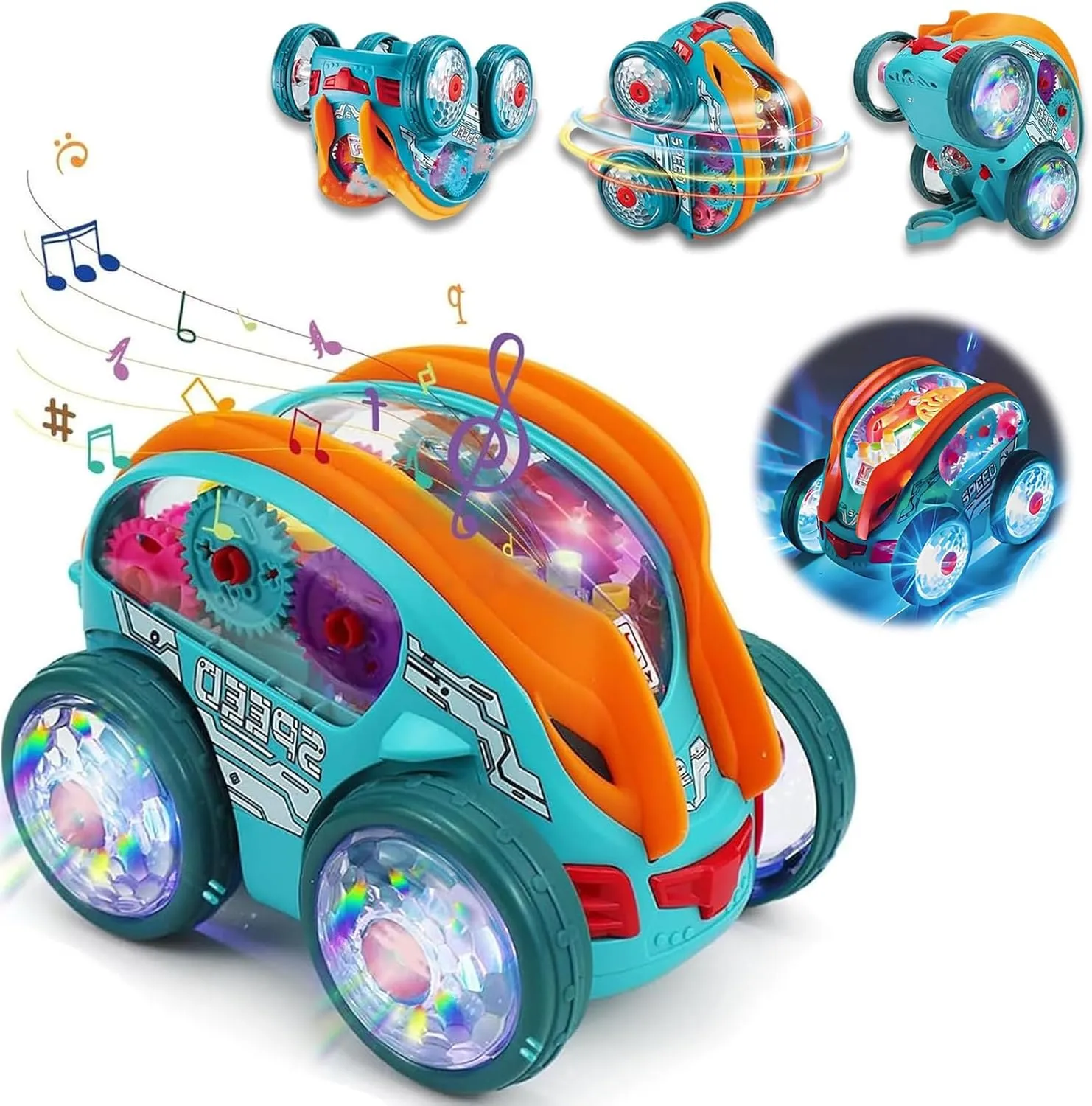 ZRW Speedlite Dynamic Gear-Powered Car with Led Lights,Speedlite Dynamic Gear-Powered Car,Transparent Luminous Toy Car,Bump and Go Toy Cars with Colorful Moving Gears(with Accessories)